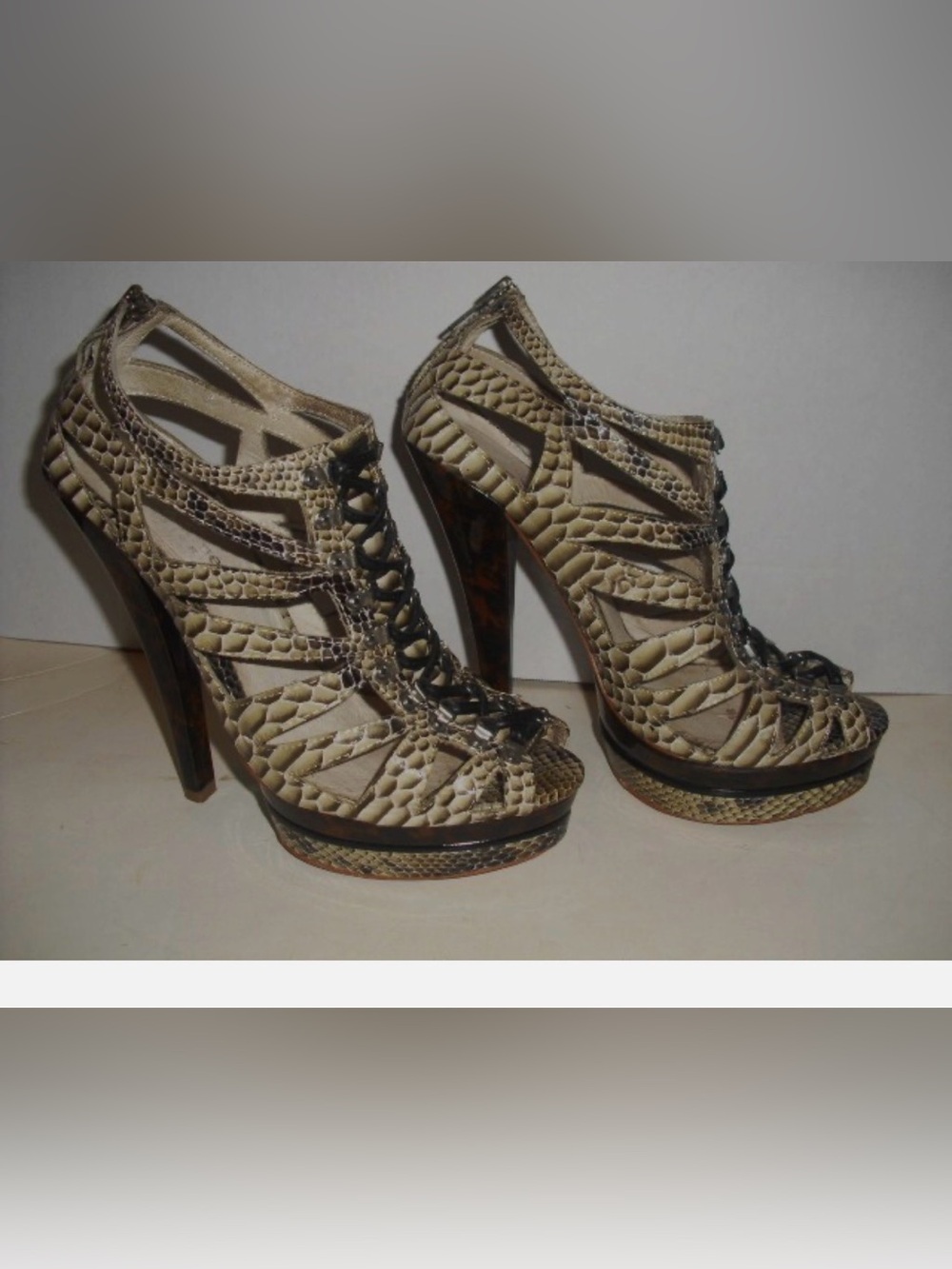 Nektaria Beige Snake-Print Lace-Up High Heel Sandals